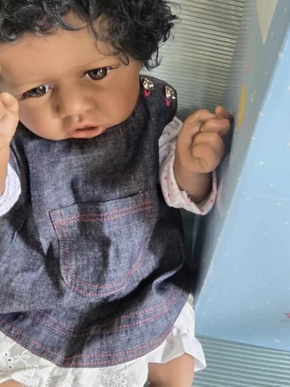 22 Inch Realistic Black Reborn Baby Girl Doll Open Brown Eyes Curly Hair